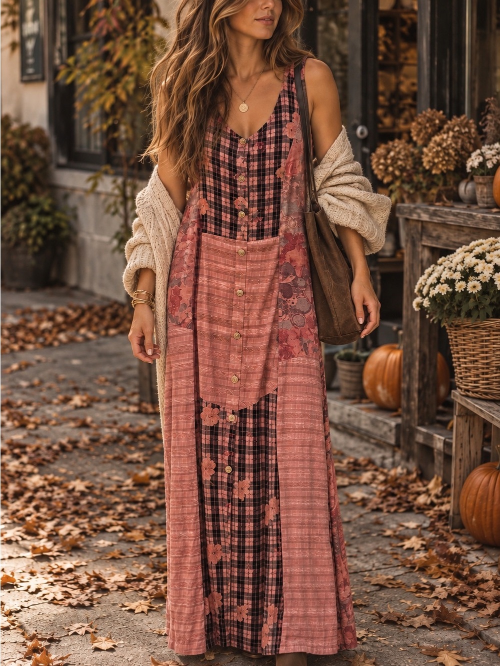Vintage Patchwork Floral Plaid Maxi Dress medium Boho Cottagecore 90s Grunge
